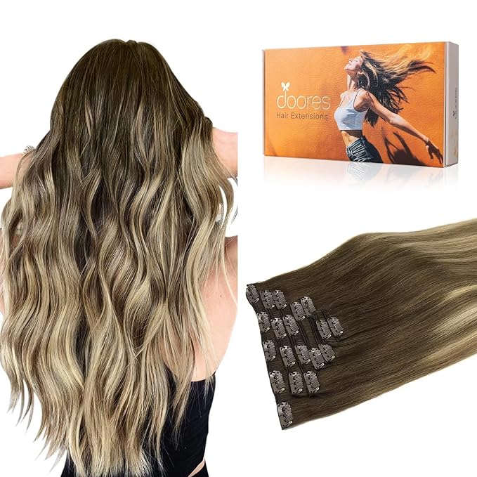 Hair Extensions Real Human Hair, DOORES Balayage Walnut Brown to Ash Brown and Bleach Blonde 120g 7pcs 18 Inch Remy Hair Extensions Clip in Human Hair Extensions Real Natural Straight
