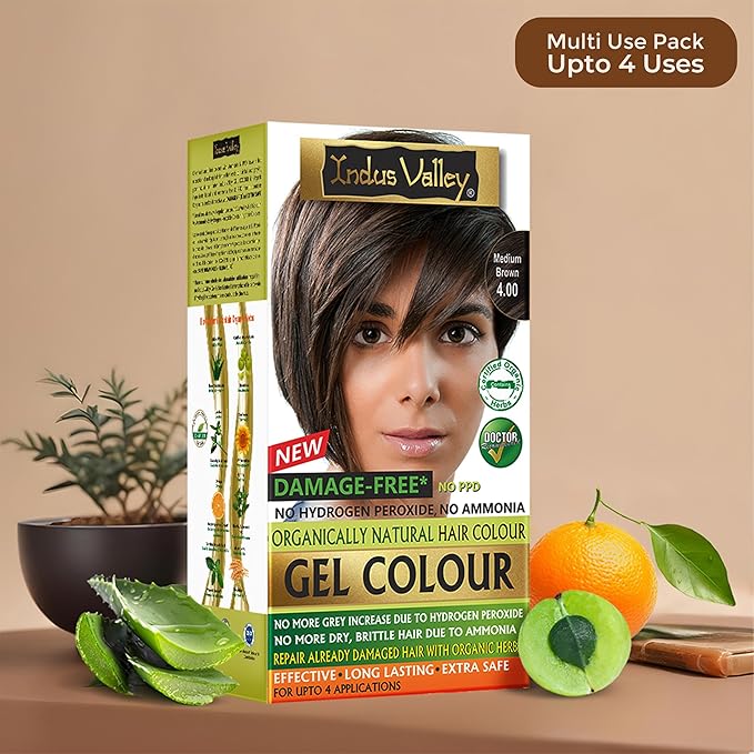 Indus Valley Natural Organic Damage Free Gel Hair Color | Ammonia Free, Vegan & Cruelty Free | Up to 100% Gray Coverage, Long Lasting Results |Medium Brown 4.0 (20gram+200ml)