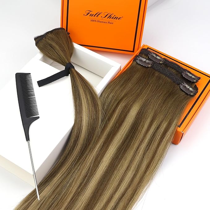 Full Shine Hair Extensions Clip Ins Brown Hair Extensions 12 Inch Real Hair Extensions Ombre Brown Fading to Honey Blonde Highlighted Short Natural Human Hair Extensions for Women 3Pcs 60Grams