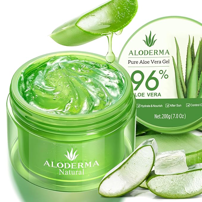 Aloderma Organic Aloe Vera Gel for Face & Body, 96% Pure Aloe Gel Made within 12 Hours of Harvest, Ideal for Skin, Scalp, & Hair Hydration, Calming Moisturizer for Soothing After Sun Care, 7.05oz