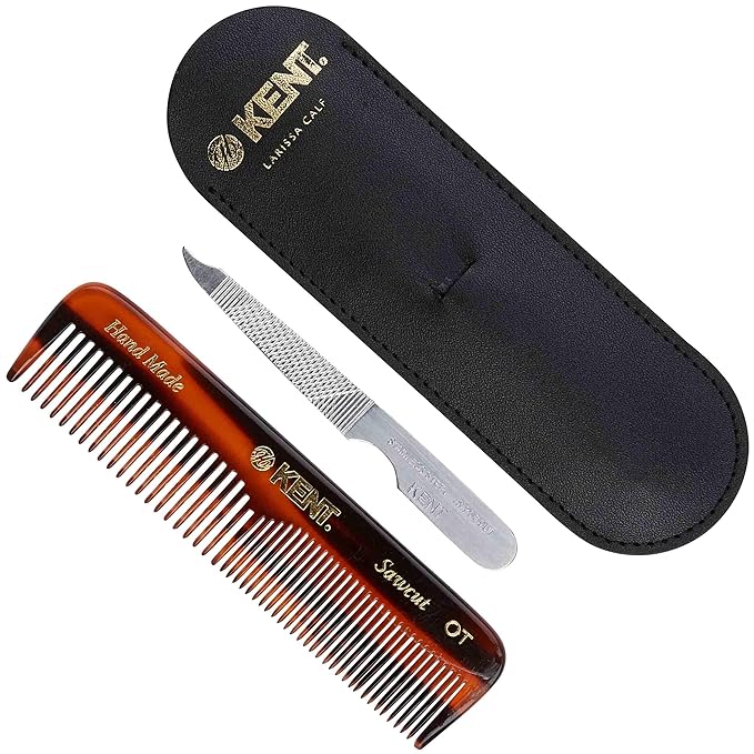 Kent Gift Set NU19 with OT Fine Tooth/Wide Tooth Pocket Comb for Hair, Mustache and Beard for Men, Women and Kids. Travel Set with Leather Pouch and Stainless Steel Nail File. Handmade in England