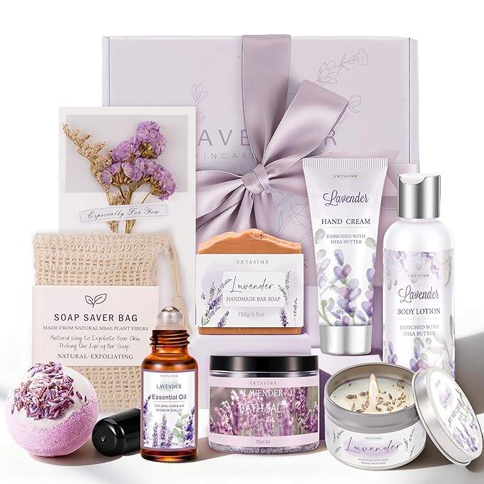 Gifts for Women, Lavender Bath and Body Gift Basket Relaxing Spa Self Care Gift, Mothers Day Gifts Happy Birthday Gift Baskets, Thank You for Mom Her Sister Wife Girlfriend Teacher Friends Friendship