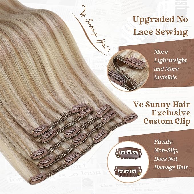 Ve Sunny Clip in Human Hair Extensions Highlights Clip in Hair Extensions Dark Ash Blonde Highlights Light Blonde Real Hair Extensions Clip in Human Hair for Thin Hair Daily Use 7pcs 16inch 120g