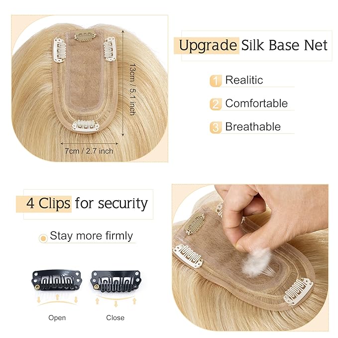 SEGO Human Hair Toppers for Women With Thinning Hair, 7 * 13CM Silk Base 100% Real Human Hair Clip in Top Wiglet Hairpieces -16 Inch No Bangs Ash Blonde&Bleach Blonde