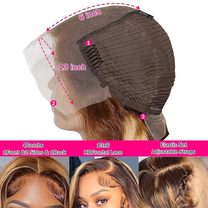 Highlight Ombre Lace Front Wig Human Hair Body Wave 180% Density Frontal Wigs Human Hair 13x6 HD Lace 24 Inch Colored Human Hair Wigs for Black Women Pre Plucked with Baby Hair Glueless Wigs