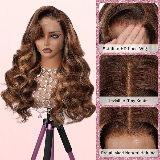 13x4 Full Frontal Lace Wig 4/27 Honey Blonde Ombre Lace Front Wigs Human Hair Skinlike HD Lace 0.10mm Ultra-thin Invisible Highlight Body Wave Lace Front Wig 24 Inch Pre plucked Baby Hair 200% density