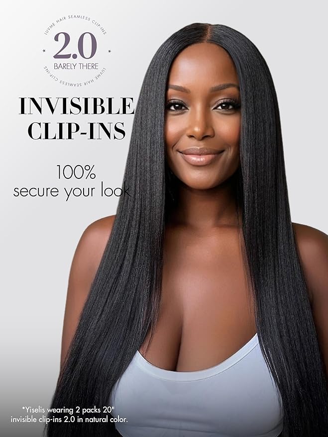 LUVME Invisible Clip in Hair Extensions, Yaki Straight Real Human Hair 22 Inch 2 Pack 220g 12pcs Clip ins Hair Extensions Natural Black for Women