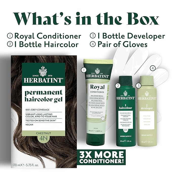 Herbatint Permanent Hair Dye - 4N Chestnut - For Up To 100% Gray Coverage of Resistant Gray Hair - Ammonia-Free, Alcohol-Free & Vegan - Salon Influenced Hair color 5.75 fl oz (2 Pack)