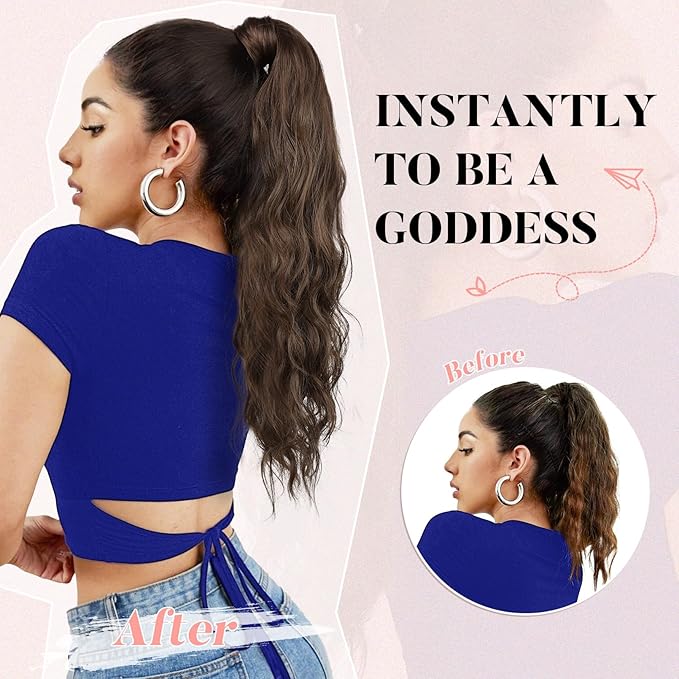 Flufymooz Ponytail Extension, Flexible Wrap Around Ponytail Extension Long Wavy Curly Hair Extensions Natural Synthetic Hairpiece for Women 32 Inch (Chocolate Reddish Brown)