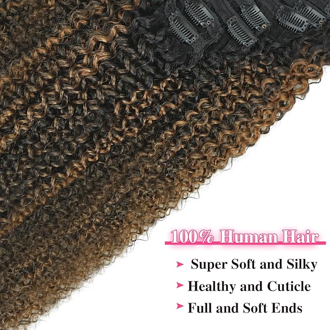 3c 4a Curly Clip in Hair Extensions T1BP1B/30 Omber Kinky Curly Clip ins For Women Brazilian Virgin Clip on Hair (12inch,T1BP1B/30)