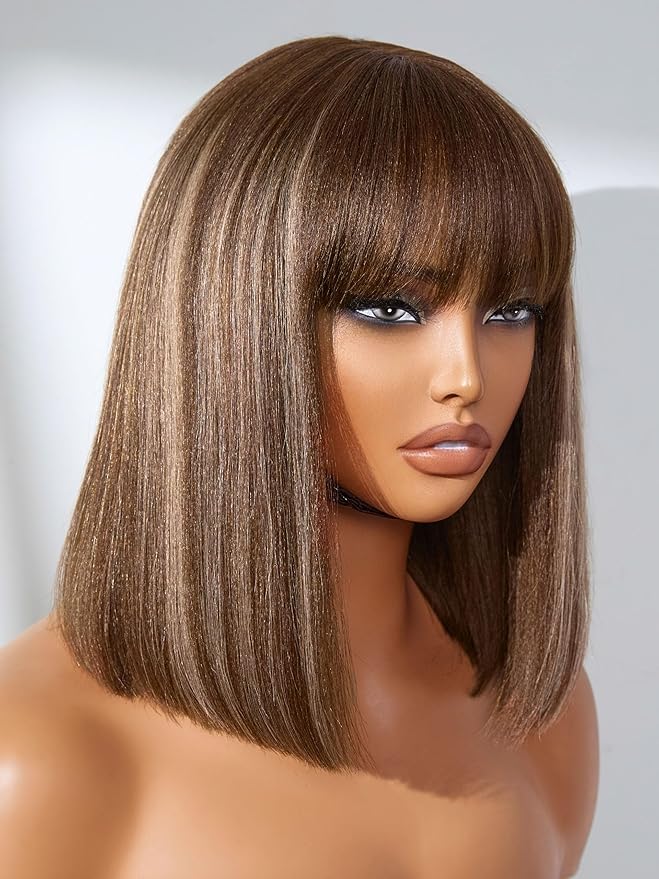 LUVME HAIR 12Inch Ash Blonde Highlights Yaki Blunt Cut Bob Wig with Bangs Glueless Minimalist Lace Short Wig Breathable Cap
