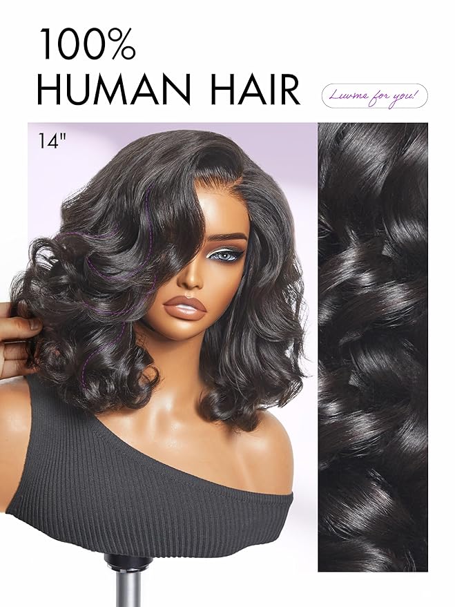 LUVME HAIR 100% Human Hair Wigs Loose Wave Glueless Lace Front 18 Inches, Pre Cut Plucked Hd Lace Short Wig Ready To Go Natural Color Straight Bleached Knots Side Part Black Wigs