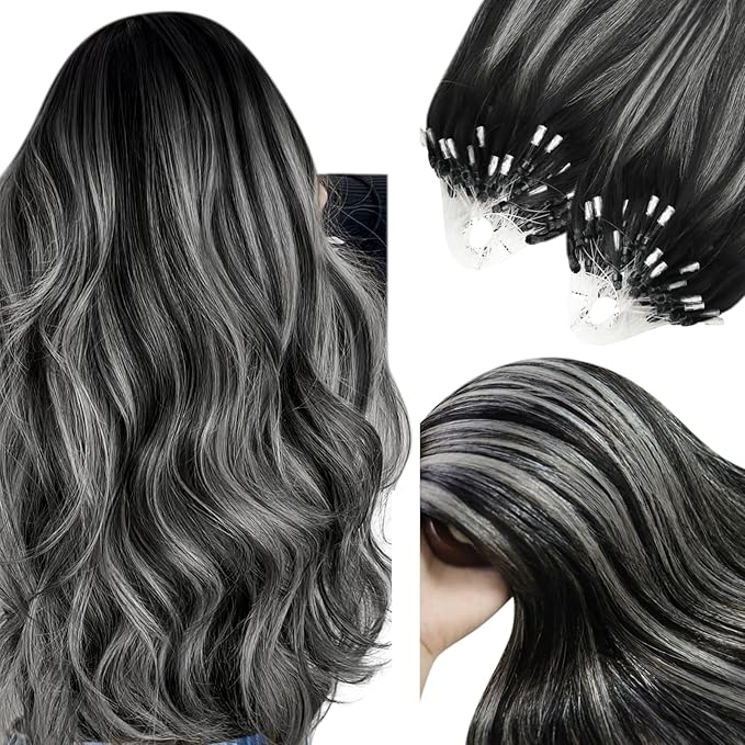 YoungSee Micro Loop Hair Extensions Real Human Hair Ombre Microlink Hair Extensions Balayage Black with Silver Microbead Hair Extension Human Hair Straight 24 Inch for Prom 50g 50s
