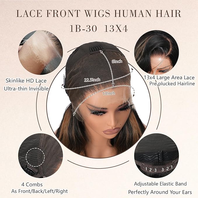 1B/30 Highlight Ombre Body Wave 13x4 Full Frontal Lace Wig SKINLIKE Swiss HD Lace Wig 0.10mm Ultra-thin Invisible Pre plucked Bleached Tiny Knots Balayage Brown Colored Wigs for Women 200% Density