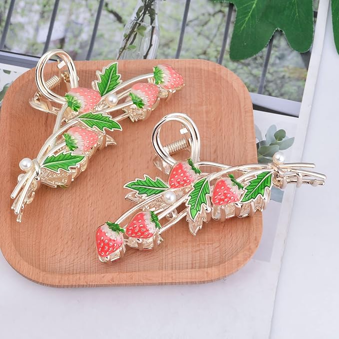 Hair Clip 2Pcs Cute Strawberry Metal Hair Claw Strong Non Slip Hold Hair Jaw Pink Acetate Hair Clips Accessories for Women and Teens Fashion Hair Supplies