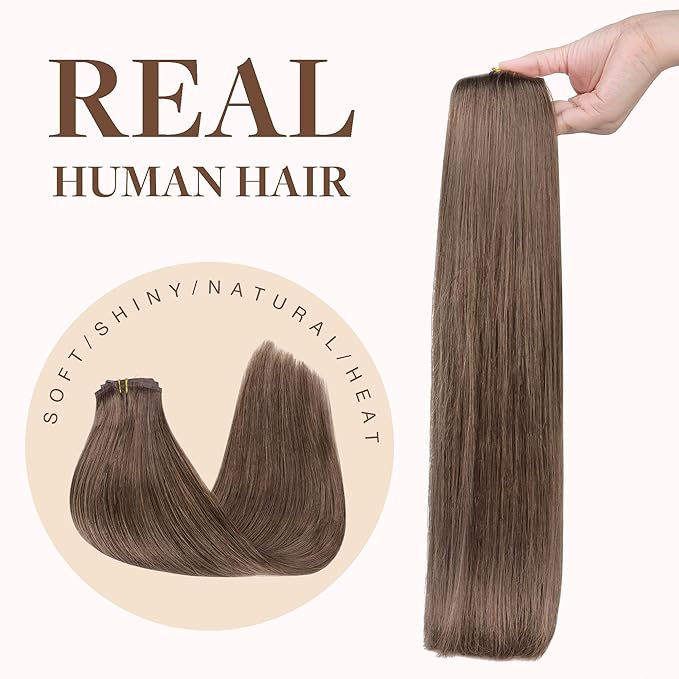 GOO GOO Clip in Hair Extensions Real Human Hair, Remy Human Hair Extensions Clip ins for Women, Natural Human Hair, 18inch 130g 7Pcs, 5 Light Ash Brown