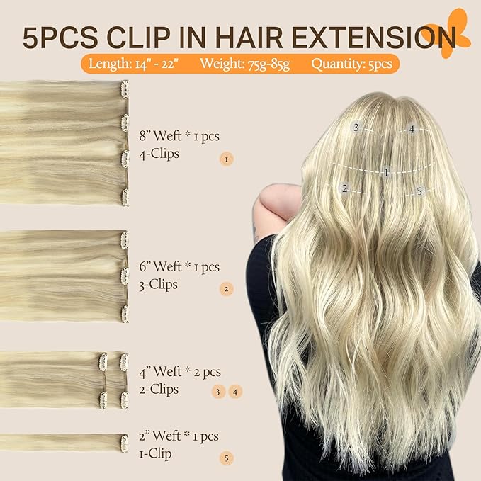 DOORES Classic Clip Seamless Clip, 5pcs 85g 22 Inch Balayage Ash Blonde to Golden Blonde and Platinum Blonde