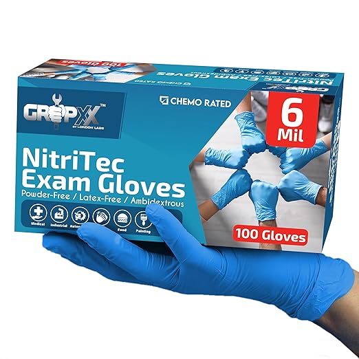 Heavy Duty 6 Mil Blue Nitrile Gloves Disposable Latex & Powder Free -Extra Stretchy Fentanyl Safe |Medical,First Aid Kit,EMT|Food Safe Rubber Gloves for Cooking & Cleaning| Pack of (100)