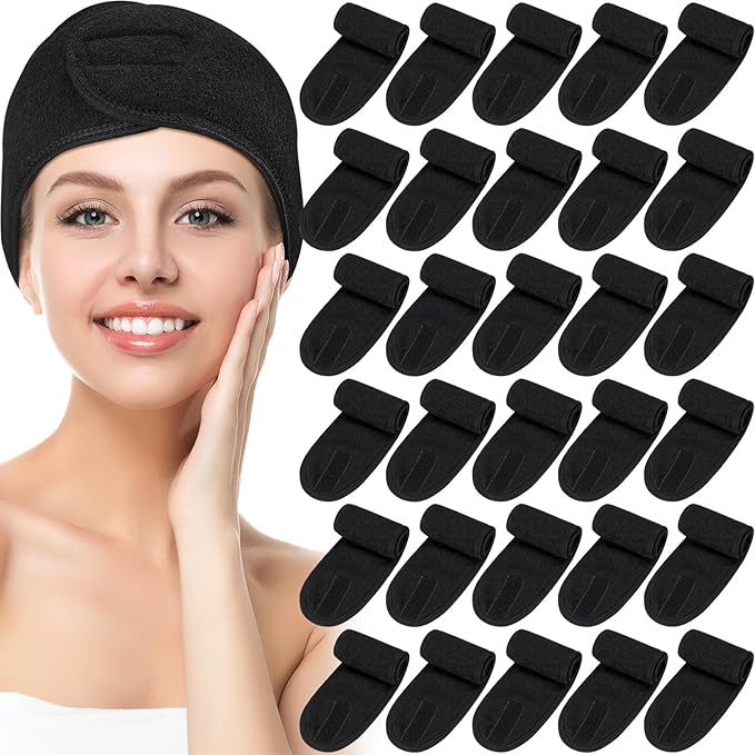 Hoteam 30 Pack Spa Headband Facial Esthetician Hair Wrap for Women Adjustable Makeup Sports Shower Stretch Towel with Tape(Black)