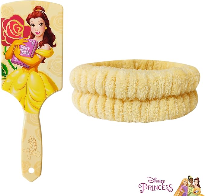 LUV HER Kids Hair Brush & Spa Headband Set for Girls - Features Disney Bella from Beauty & Beast - Fun Grooming Kit for Detangling, Styling & Skincare - Soft & Stretchy One Size, Ages 3+