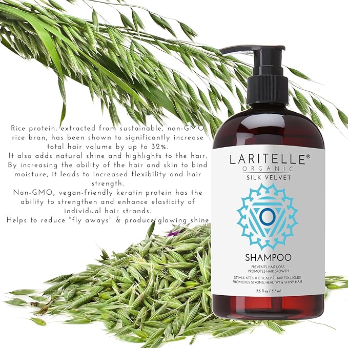 Laritelle Silk Velvet Organic Hair Loss Prevention Shampoo – 17.5 oz – Rosemary, Lavender & Rice Protein Botanical Clean Formula – Made in California