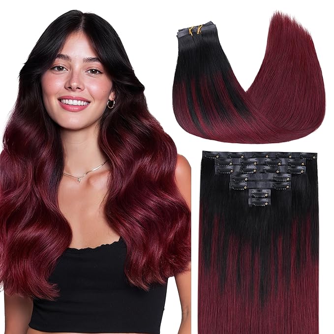 GOO GOO Clip in Hair Extensions Real Human Hair, Remy Human Hair Extensions Clip ins for Women, Natural Human Hair, 22inch 160g 7 Pcs, #1/99j Balayage Jet Black to Red Seamless Blend