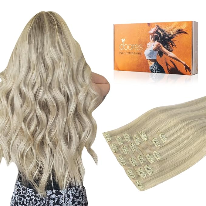 DOORES Seamless Clip-in Hair Extensions, Ash Blonde Highlighted Platinum Blonde 110g 7pcs 20 Inch, Straight Human Hair with Invisi Edge