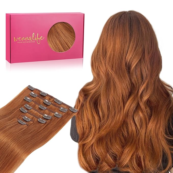 WENNALIFE Clip in Hair Extensions Real Human Hair, 24 Inch 120g 7pcs Clip in Hair Extensions Real Human Hair, Dirty Ginger Human Hair Clip in Extensions Remy Human Hair Extensions Clip Ins Double Weft