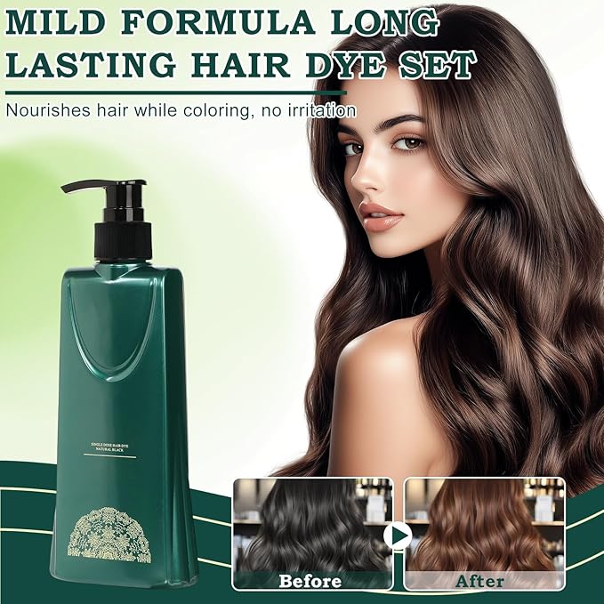 Mild Formula Long Lasting Hair Dye Set, Long-Lasting Single Step Hair Dye Kit with Nourishing Natural Shampoo (Natural Black)