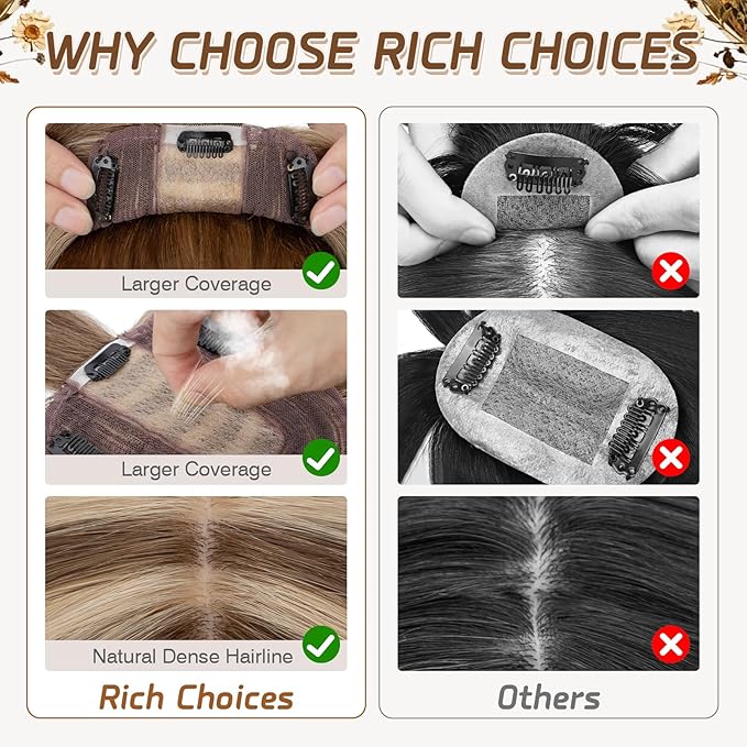 Rich Choices Real Human Hair Toppers for Women With Bang 100% Remy Human Hair Topper for Thinning Hair Clip in Silk Base Hair Topper 16 Inch #4P27 Medium Brown Mix Dark Blonde