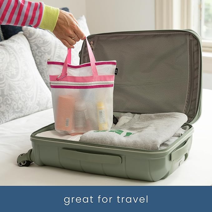 S&T INC. Mesh Shower Caddy, Shower Bag for Dorm Room Essentials, Gym Bag, Camping and More, Two Zippered Pockets, White and Pink, 10 Inches x 10 Inches