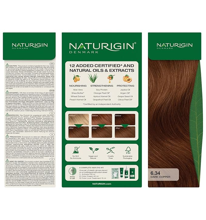 Naturigin Permanent Hair Color, 6.34 Dark Copper, Ammonia Free, 100% Gray Coverage, Nourishing Natural Formula, For All Hair Types, Long-Lasting, Vegan & Cruelty-Free, 1 Pack