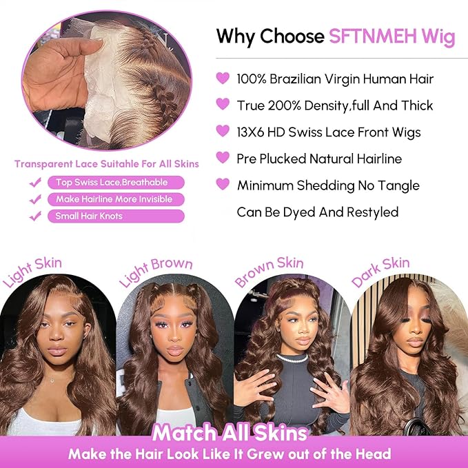 28 Inch Chocolate Brown Body Wave Lace Front Wigs Human Hair 200 Density 13x6 HD Lace Frontal Wigs Human Hair Brown Glueless Wig For Women Pre Plucked with Natural Hairline