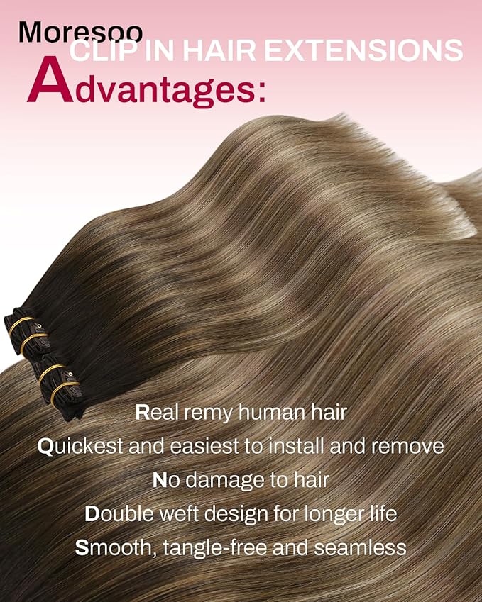 Moresoo Seamless Clip in Hair Extensions Balayage Dark Brown to Ash Blonde with Dark Blonde Seamless Human Hair Clip in Extensions 7pcs/120g 16inch