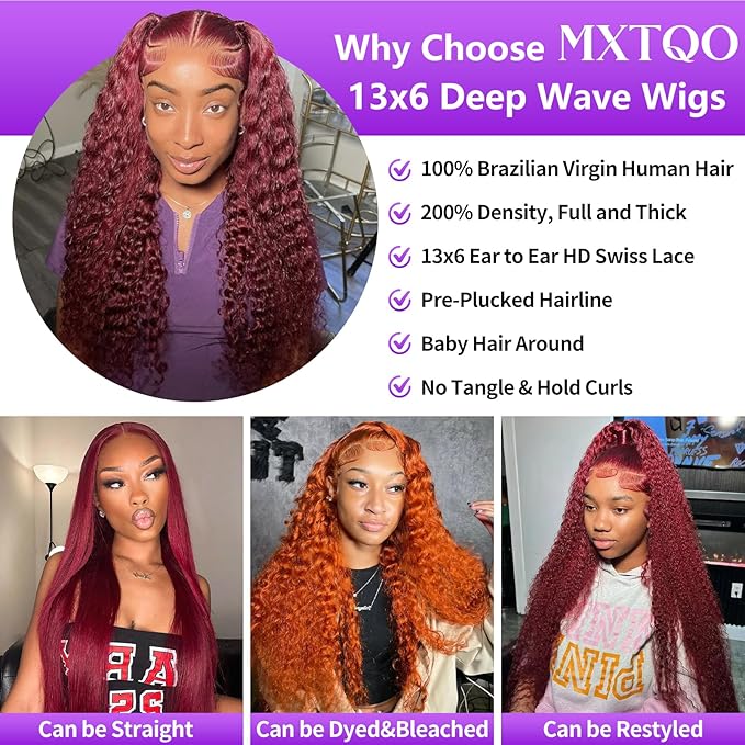 28 Inch 99J Burgundy Lace Front Wigs Human Hair Deep Wave 13x6 HD Lace Front Wigs Pre Plucked with Baby Hair Wet and Wavy Human Hair Wig 200% Density Deep Curly Frontal Wigs for Black Women