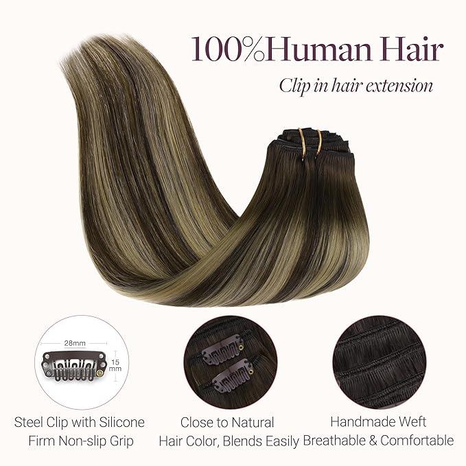 GOO GOO Clip in Hair Extensions Real Human Hair, Remy Human Hair Extensions Clip ins for Women, Natural Human Hair, 14inch 120g 7Pcs, 4/26/4 Balayage Chocolate Brown to Honey Blonde