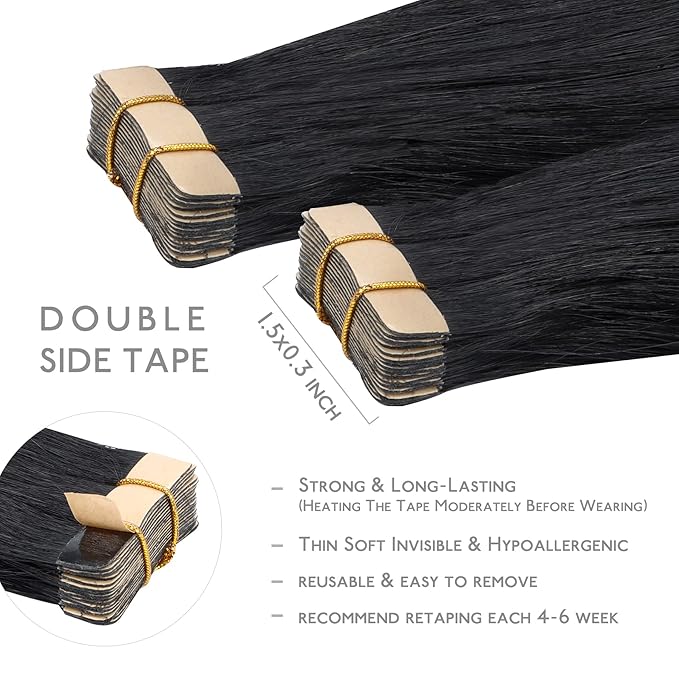 WENNALIFE Tape in Hair Extensions Human Hair, 20pcs 30g 10inch Jet Black Remy Hair Extensions Straight