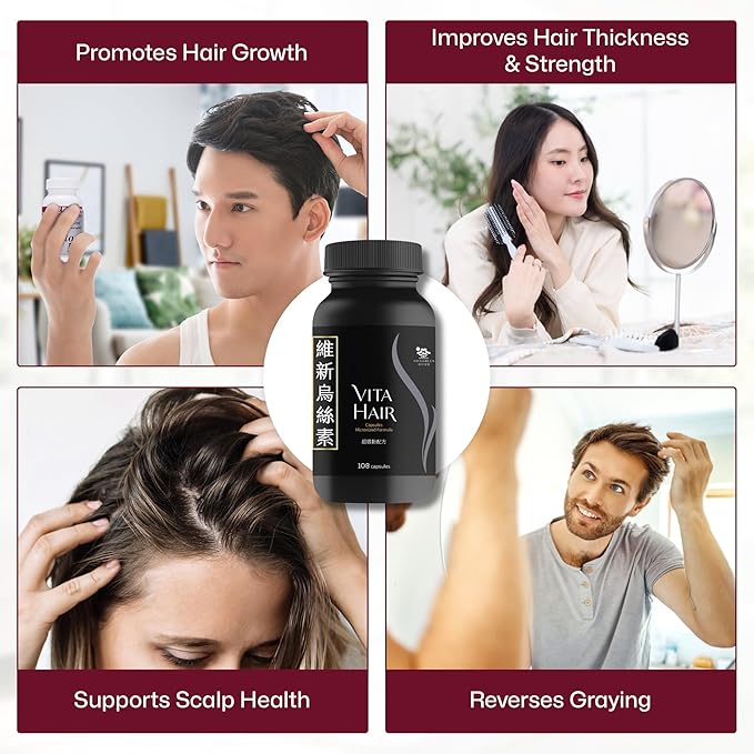 Vita Hair (Micronized Formula) Growth & Hair Loss Supplement – 100% Natural for Healthier Hair – Supports Hair Growth, Reduces Hair Loss, and Combats Graying for Men & Women – 108 Capsules
