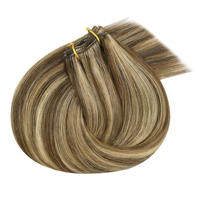 Ve Sunny 24 inch Hair Extensions Clip in Long Straight Real Hair Extensions Clip in Human Hair Dark Brown mit Blonde Clip in Hair Extensions 24Inch