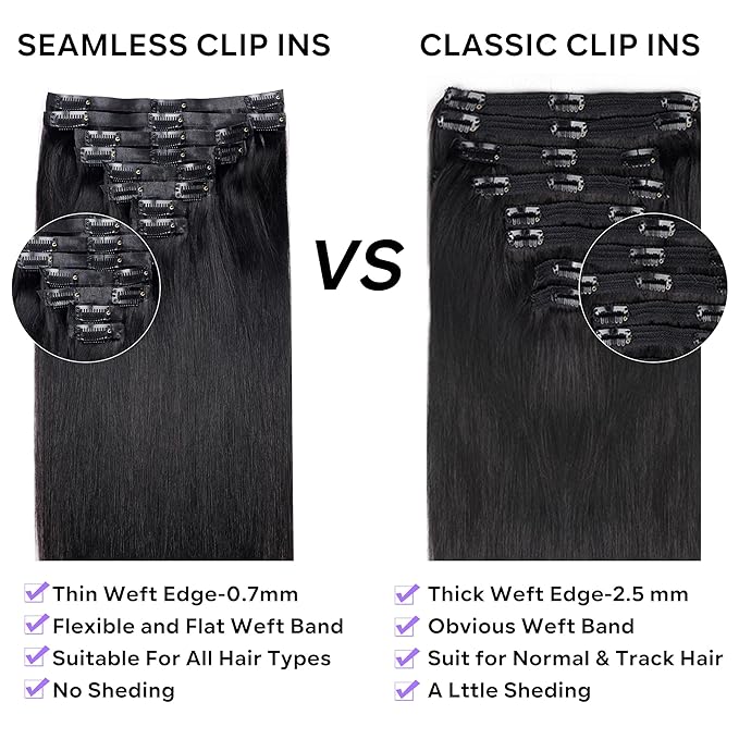 Seamless Clip in Hair Extensions Real Human Hair Straight Brazilian Virgin Human Hair Clip in Extensions for Women 8Pcs PU Clip in Remy Hair Skin Weft 18Clips 120g 26inch Natural Black