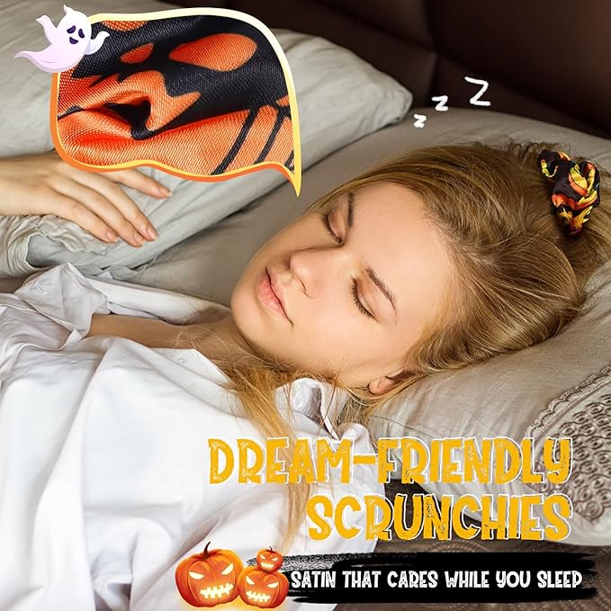 12PCS Halloween Scrunchies Soft Boo Basket Spooky Skeleton Bats Orange Fall Pumpkin Gifts Hair Ties Big Scrunchy Elastics Hair Bands Ponytail Holder Cute Halloween Accessories for Women Girls