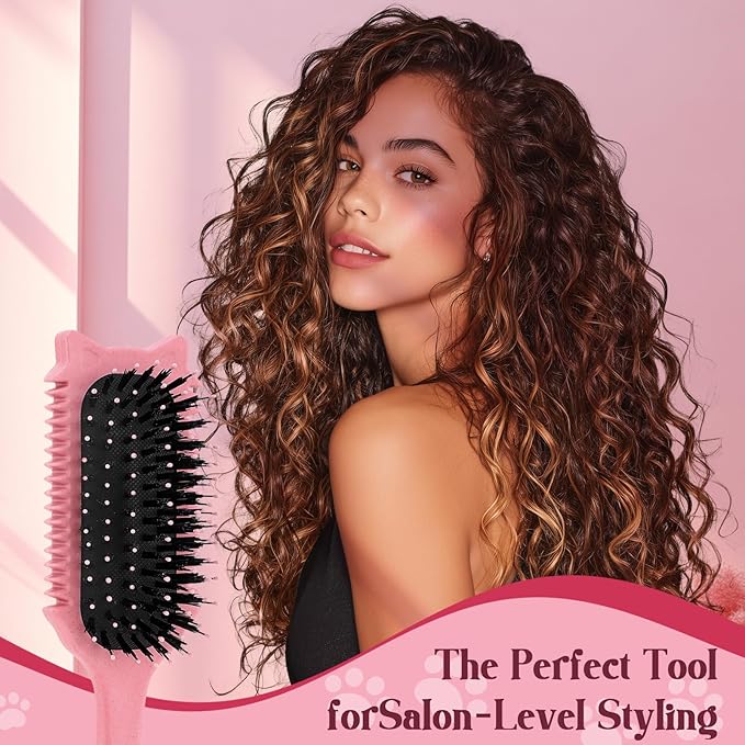 Curly Hair Brush, Curl Defining Brush for Effortless Curly Hair Care, Funny Cat Ear Type Curl Brush Suitable for Wet & Dry Hair,Women and Men,Reduces Frizz (Pink)