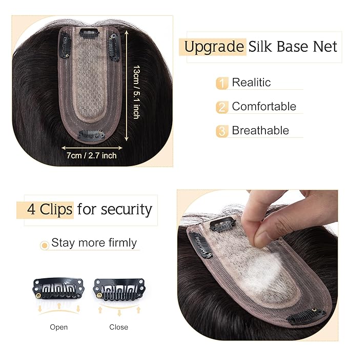 SEGO Human Hair Toppers for Women With Thinning Hair, 7 * 13CM Silk Base 100% Real Human Hair Clip in Top Wiglet Hairpieces /14 Inch No Bangs Natural Black