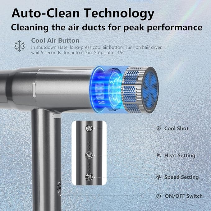 Hair Dryer with Diffuser, IG INGLAM 1875W Professional Ionic Blow Dryer, 110, 000 RPM High-Speed Brushless Motor, Auto-Clean, 3 Heat Settings & 3 Speed & Cool Shot Button Settings for Easy Home/Travel