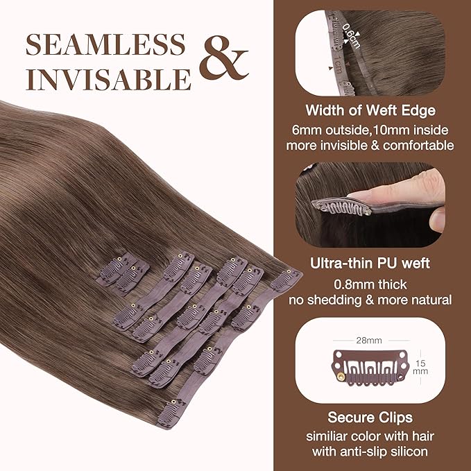 GOO GOO Clip in Hair Extensions Real Human Hair, Remy Human Hair Extensions Clip ins for Women, Natural Human Hair, 18inch 130g 7Pcs, 5 Light Ash Brown