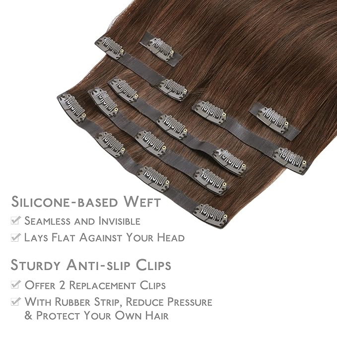 WENNALIFE Seamless Clip In Hair Extensions, 14 Inch 130g 7pcs Chocolate Brown Hair Extensions Clip in Human Hair Invisible PU Skin Weft Natural Remy Human Hair Extensions