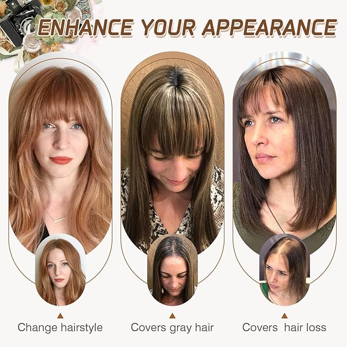 Rich Choices Real Human Hair Toppers for Women With Bang 100% Remy Human Hair Topper for Thinning Hair Clip in Silk Base Hair Topper 14 Inch #4R Chestnut Brown