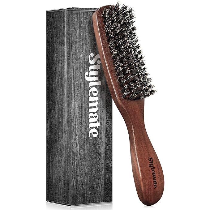 Boar Bristle Hair Brush for Men, Mens Slick Back Hair Brush with Stiff Bristles & Wooden Walnut Handle for Thick & Fine Hair Smoothing, Detangling, Styling, Beard Straightens