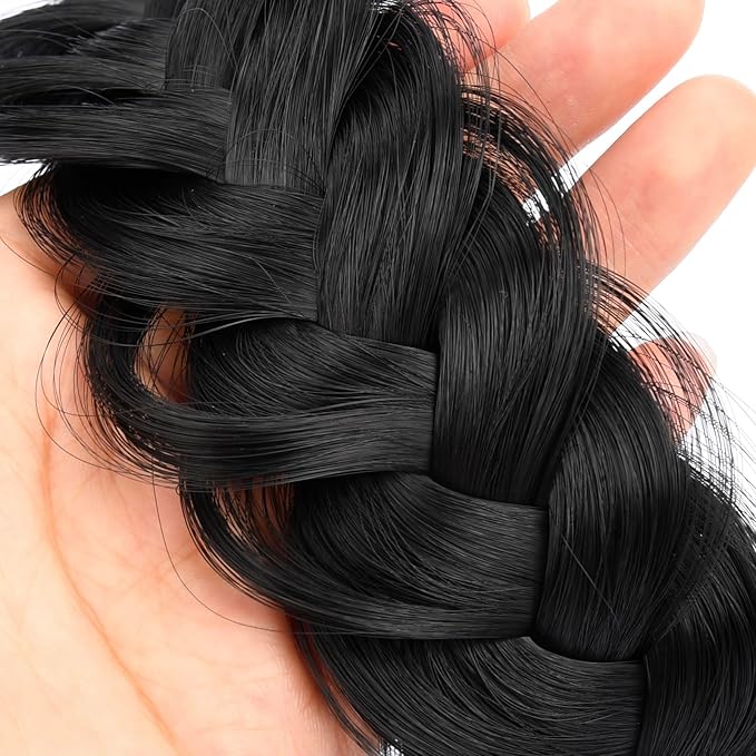 DIGUAN Wide Messy Braided Headband With Teeth Synthetic Hair Plaited Headband High Elasticity Braids Chunky Fishtail Braided Hair Band Hairpiece for Girls Women Beauty Accessory (Black)