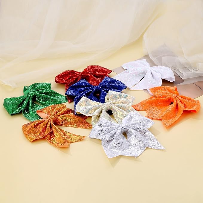 Large Glitter Cheer Bows Clips, Jumbo Big 7 Inch Cheerleading Sequin Hair Bow Hair Accessories for Teens Girls Football Sports Cheerleader Outfit Uniform (White)